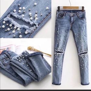 Destroyed Ripped pearled Slim Denim Embroidered